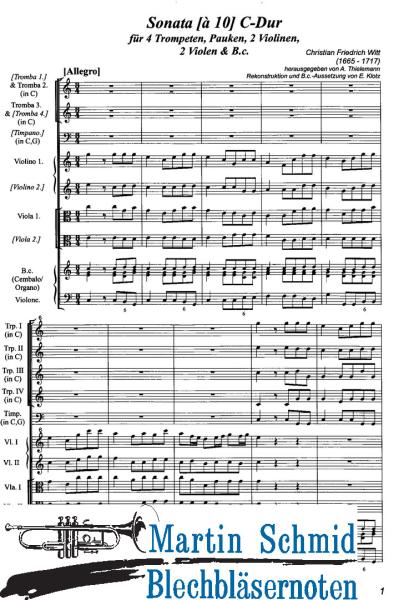 Product image of the product “Sonata (à10) C-Dur (4 Trompeten.Pauken.2Violinen.2Violen.B.c) (Collection Arne Thielemann) ”