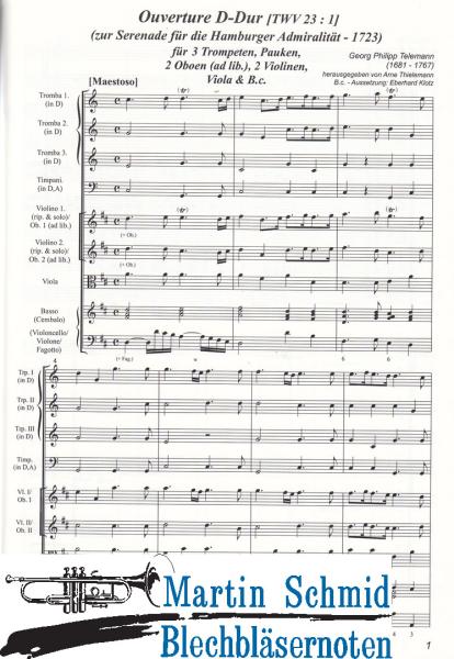 Artikelbild des Artikels “Ouverture D-Dur (TWV 23:01) (3Trompeten.Pauken.2Oboen(ad lib)2Violinen.Viola.Bc) (Collection Arne Thielemann) “