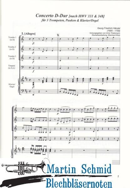 Product image of the product “Concerto D-Dur (nach HWV 331 & 348)(3Trompeten.Pauken.Orgel/Klavier) (Collection Arne Thielemann) ”