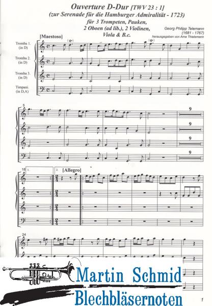 Artikelbild 3 des Artikels “Ouverture D-Dur (TWV 23:01) (3Trompeten.Pauken.2Oboen(ad lib)2Violinen.Viola.Bc) (Collection Arne Thielemann) “